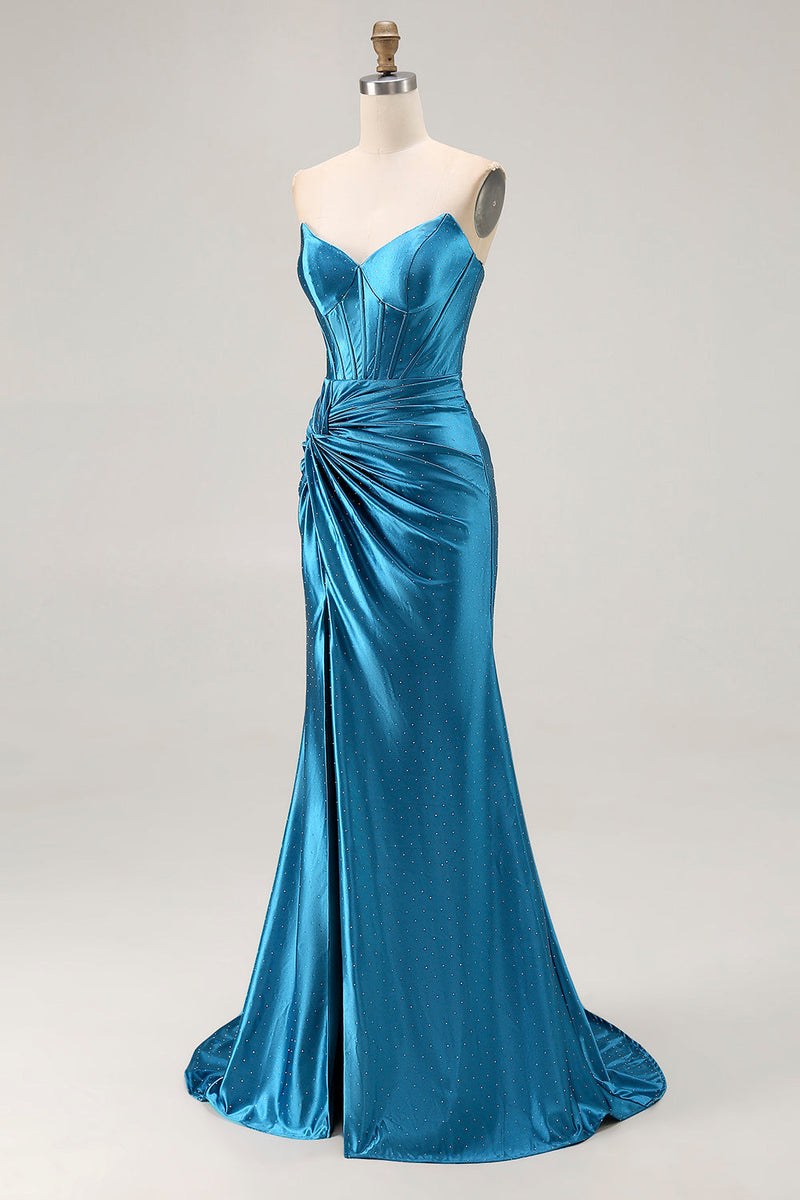 Load image into Gallery viewer, Royal Blue Mermaid Ruched Satin Long Corset Prom Dress with Slit