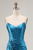 Load image into Gallery viewer, Royal Blue Mermaid Ruched Satin Long Corset Prom Dress with Slit