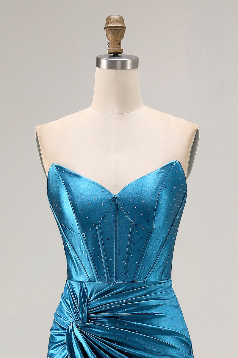 Load image into Gallery viewer, Royal Blue Mermaid Ruched Satin Long Corset Prom Dress with Slit