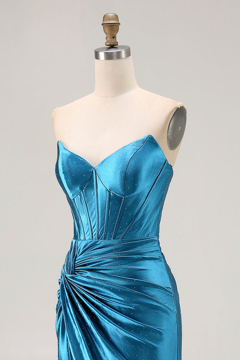 Load image into Gallery viewer, Royal Blue Mermaid Ruched Satin Long Corset Prom Dress with Slit