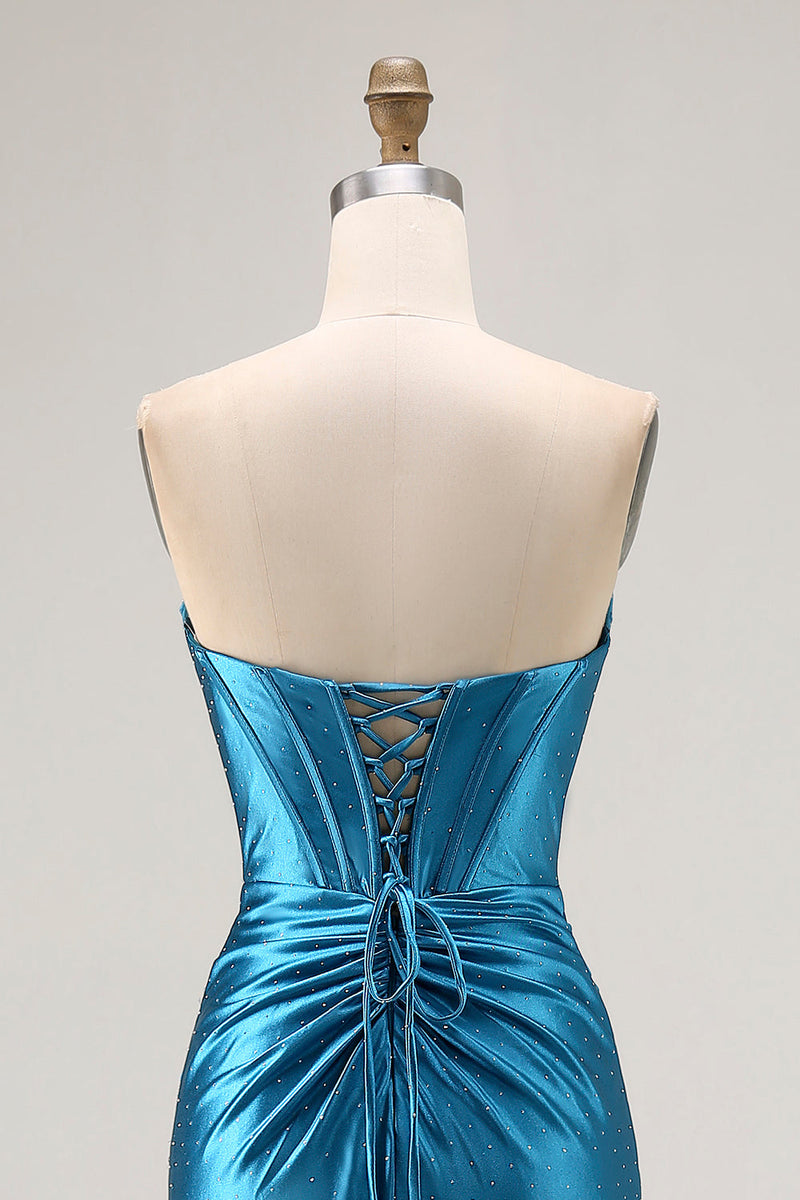 Load image into Gallery viewer, Royal Blue Mermaid Ruched Satin Long Corset Prom Dress with Slit