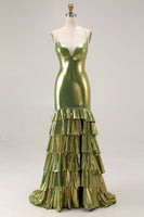 Load image into Gallery viewer, Gold Mermaid Tiered Metallic Long Prom Dress with Ruffles