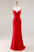 Load image into Gallery viewer, Red Satin Ruched Mermaid Long Corset Prom Dress