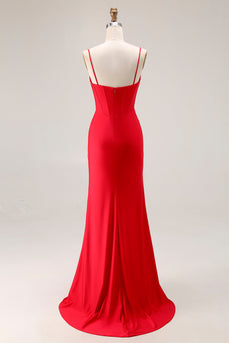Red Satin Ruched Mermaid Long Corset Prom Dress