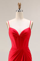 Load image into Gallery viewer, Red Satin Ruched Mermaid Long Corset Prom Dress