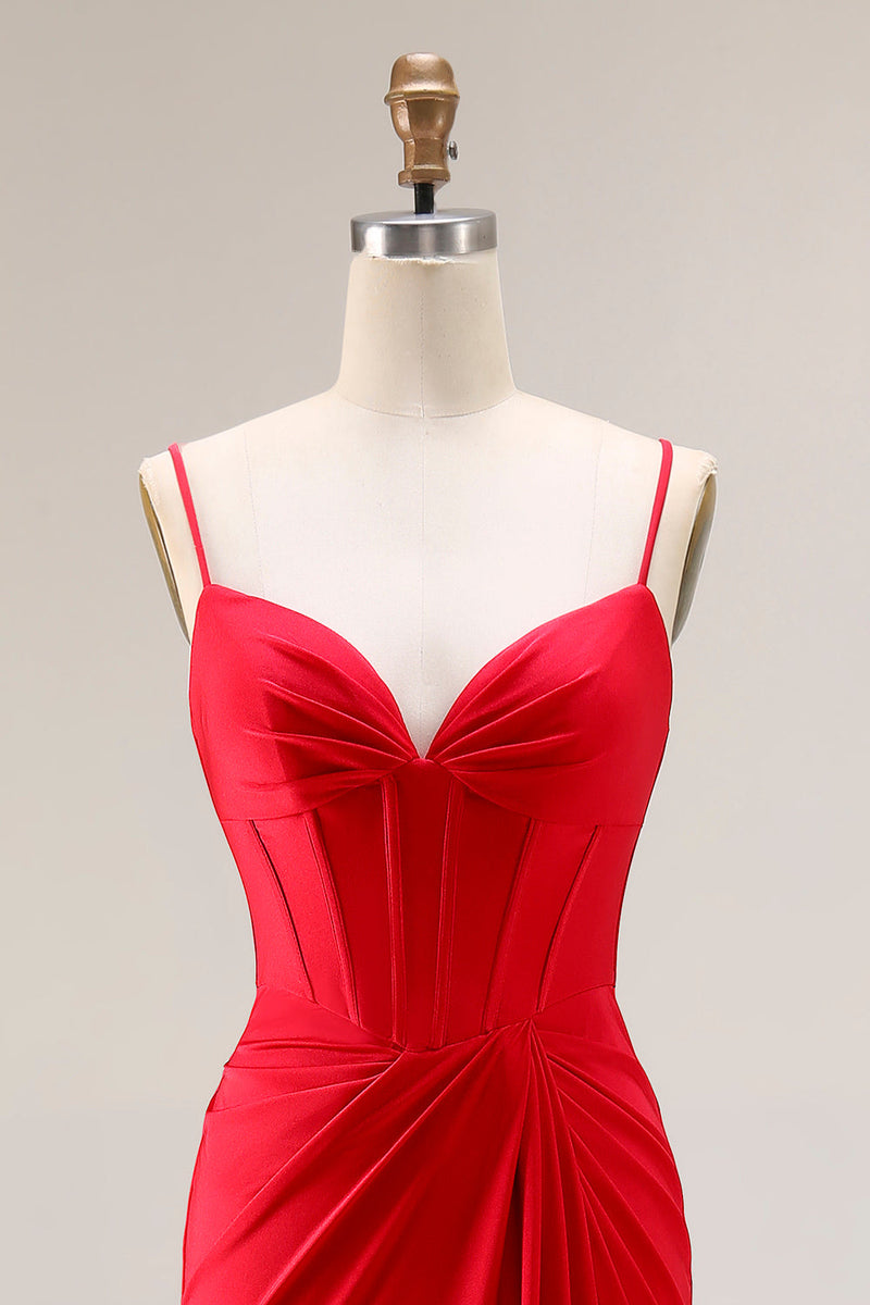 Load image into Gallery viewer, Red Satin Ruched Mermaid Long Corset Prom Dress