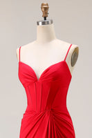 Load image into Gallery viewer, Red Satin Ruched Mermaid Long Corset Prom Dress