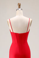 Load image into Gallery viewer, Red Satin Ruched Mermaid Long Corset Prom Dress