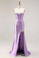 Load image into Gallery viewer, Purple Satin Mermaid Ruched Sweetheart Long Corset Prom Dress with Slit