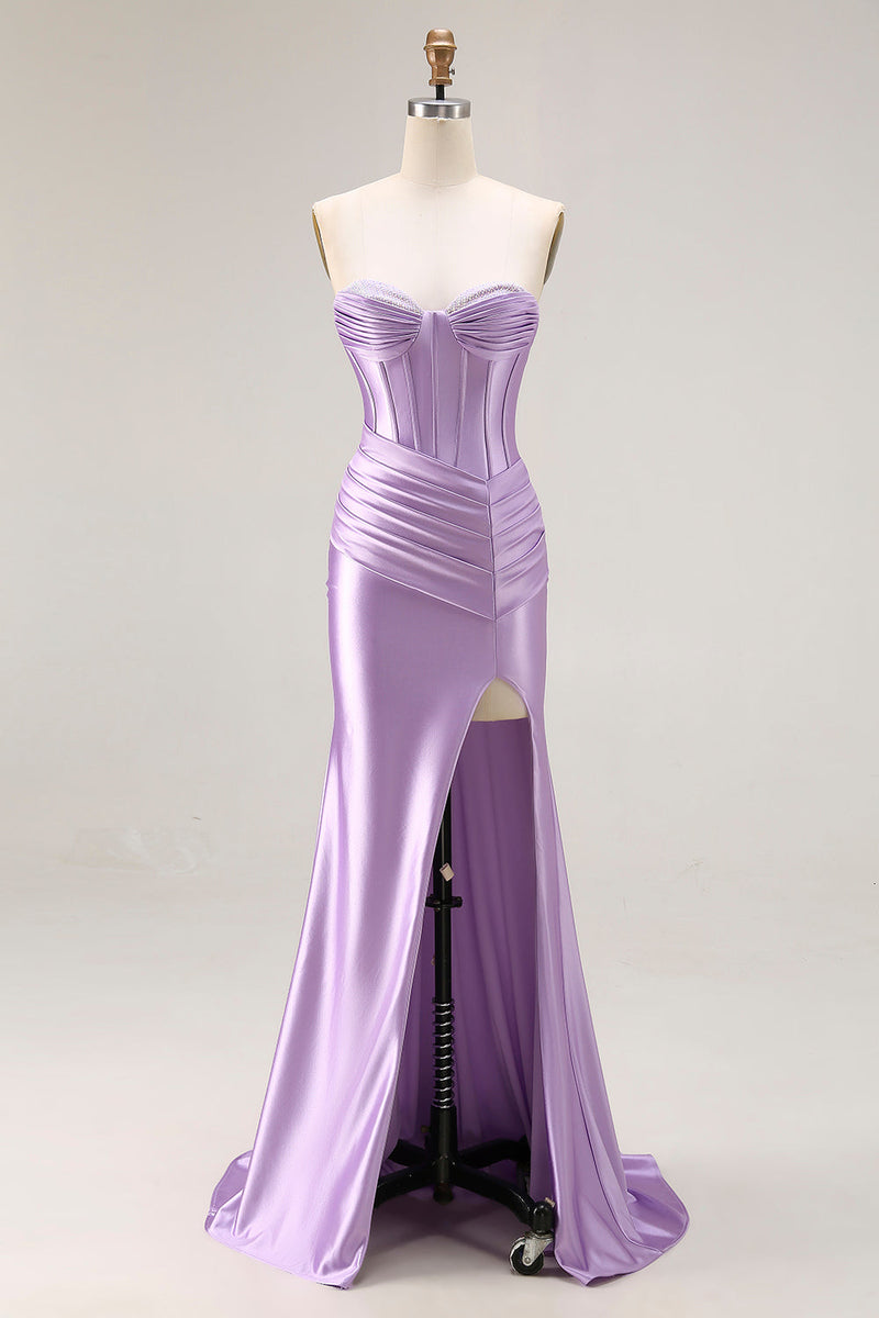 Load image into Gallery viewer, Purple Satin Mermaid Ruched Sweetheart Long Corset Prom Dress with Slit