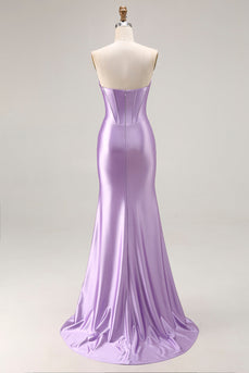 Purple Satin Mermaid Ruched Sweetheart Long Corset Prom Dress with Slit