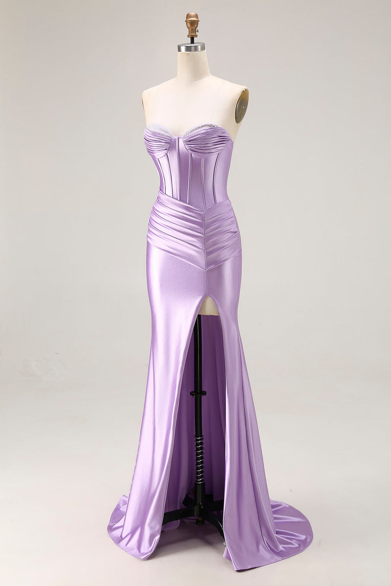 Load image into Gallery viewer, Purple Satin Mermaid Ruched Sweetheart Long Corset Prom Dress with Slit