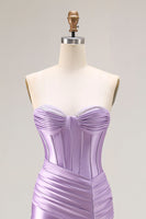 Load image into Gallery viewer, Purple Satin Mermaid Ruched Sweetheart Long Corset Prom Dress with Slit