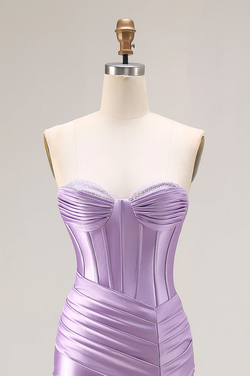 Load image into Gallery viewer, Purple Satin Mermaid Ruched Sweetheart Long Corset Prom Dress with Slit