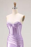 Load image into Gallery viewer, Purple Satin Mermaid Ruched Sweetheart Long Corset Prom Dress with Slit