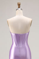 Load image into Gallery viewer, Purple Satin Mermaid Ruched Sweetheart Long Corset Prom Dress with Slit