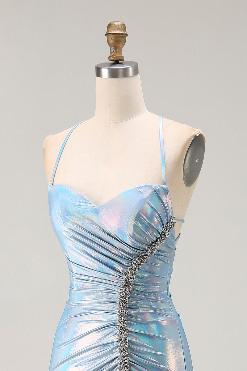 Load image into Gallery viewer, Sparkly Light Blue Metallic Mermaid Ruched Long Prom Dress