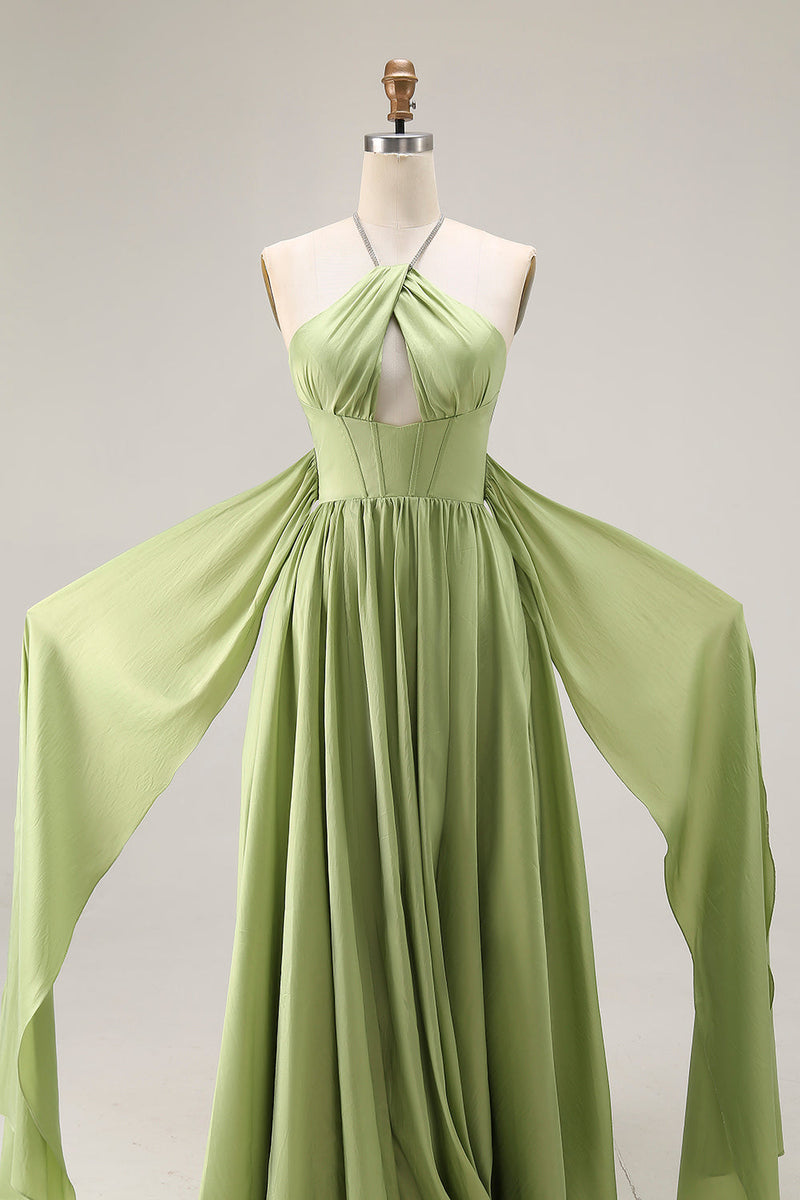Load image into Gallery viewer, Sage Green A Line Keyhole Long Corset Prom Dress with Slit
