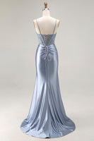 Load image into Gallery viewer, Sparkly Grey Blue Mermaid Long Corset Prom Dress with Beading