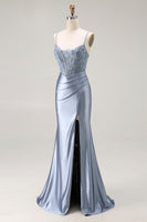 Load image into Gallery viewer, Sparkly Grey Blue Mermaid Long Corset Prom Dress with Beading