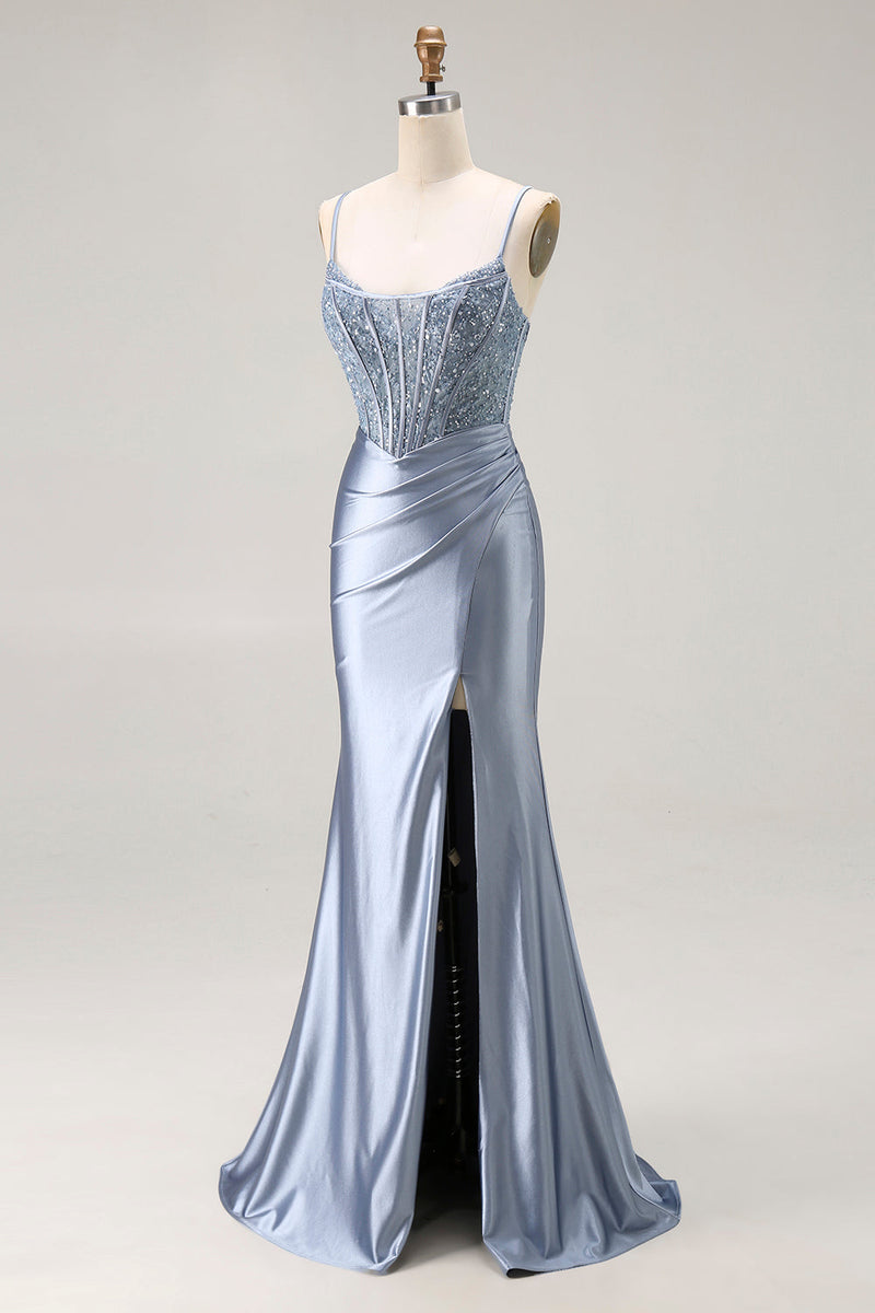 Load image into Gallery viewer, Sparkly Grey Blue Mermaid Long Corset Prom Dress with Beading