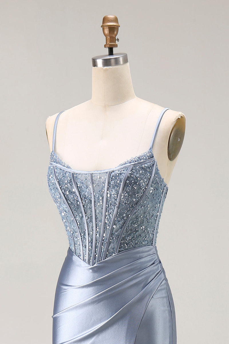 Load image into Gallery viewer, Sparkly Grey Blue Mermaid Long Corset Prom Dress with Beading