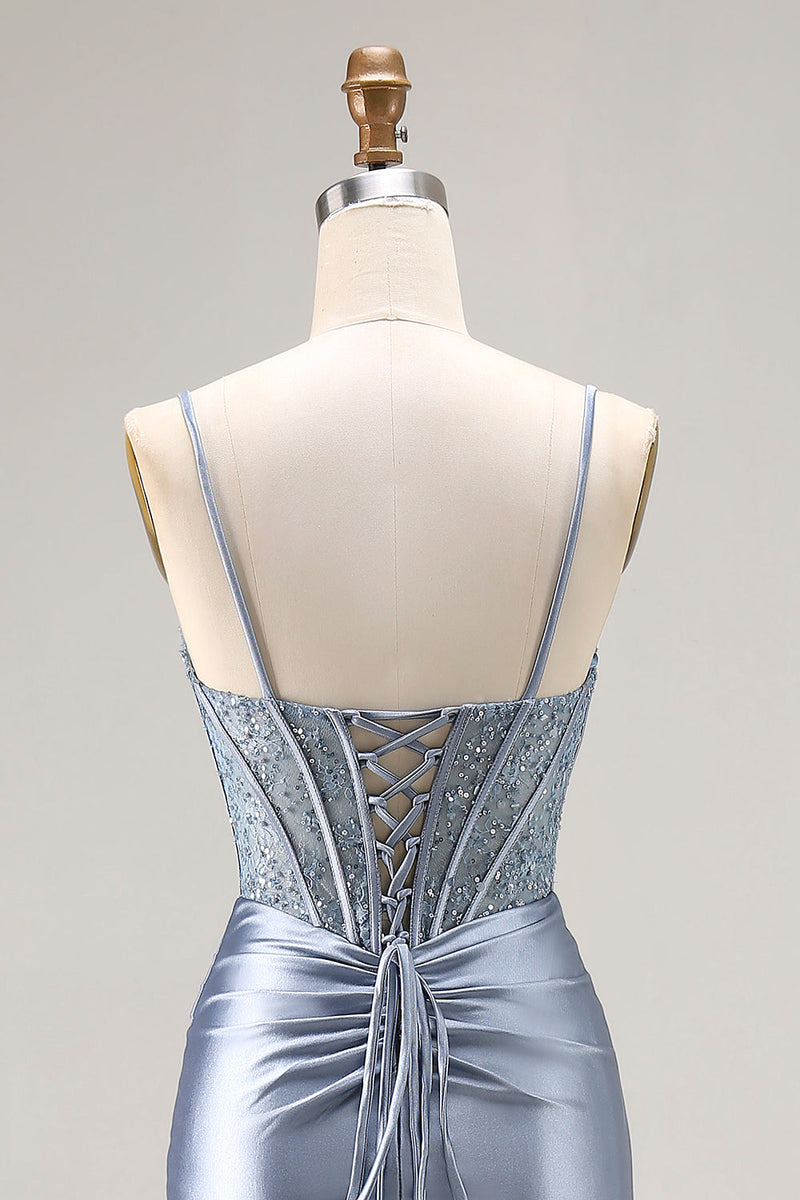 Load image into Gallery viewer, Sparkly Grey Blue Mermaid Long Corset Prom Dress with Beading