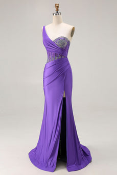 Sparkly Dark Purple One Shoulder Long Corset Prom Dress with Beading