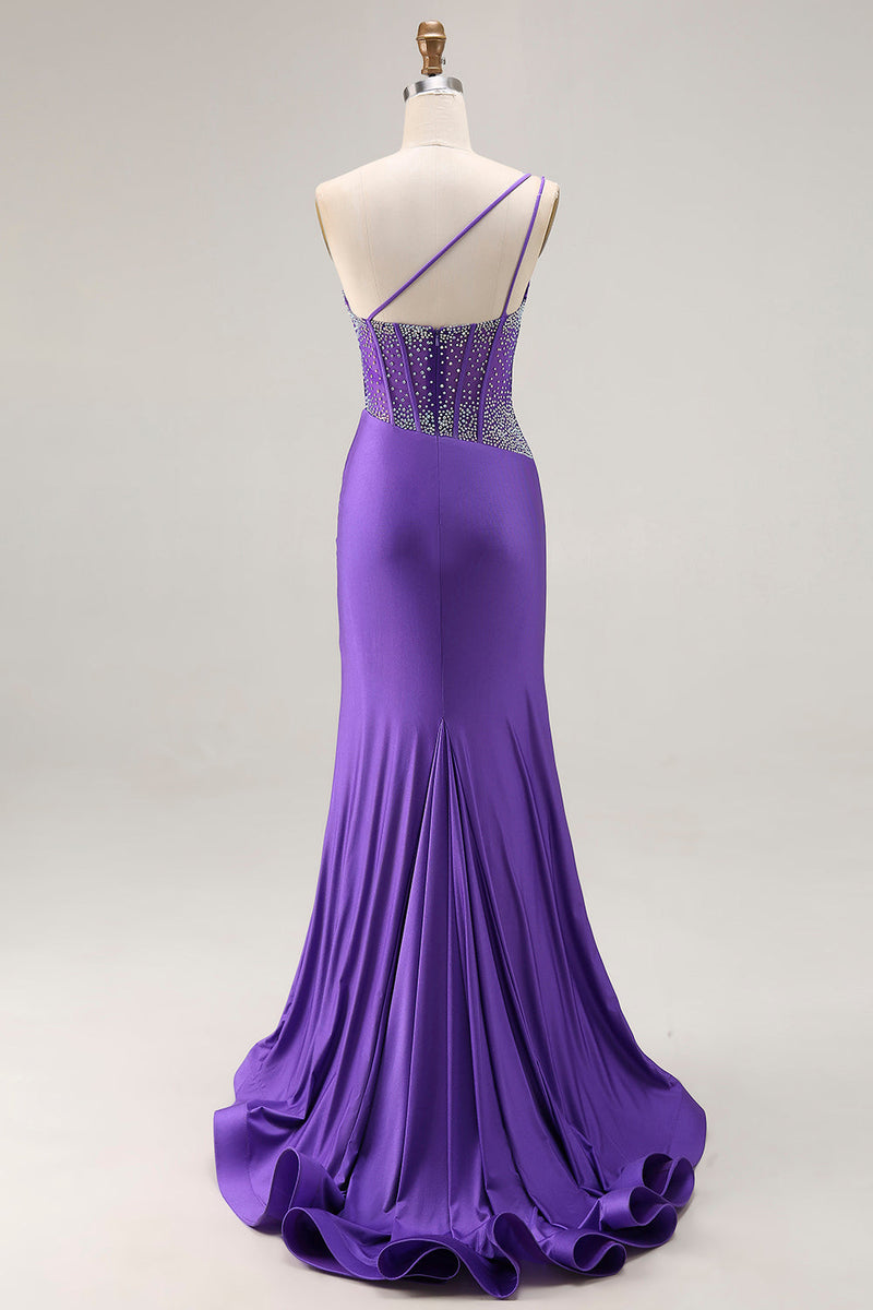 Load image into Gallery viewer, Sparkly Dark Purple One Shoulder Long Corset Prom Dress with Beading