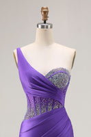 Load image into Gallery viewer, Sparkly Dark Purple One Shoulder Long Corset Prom Dress with Beading