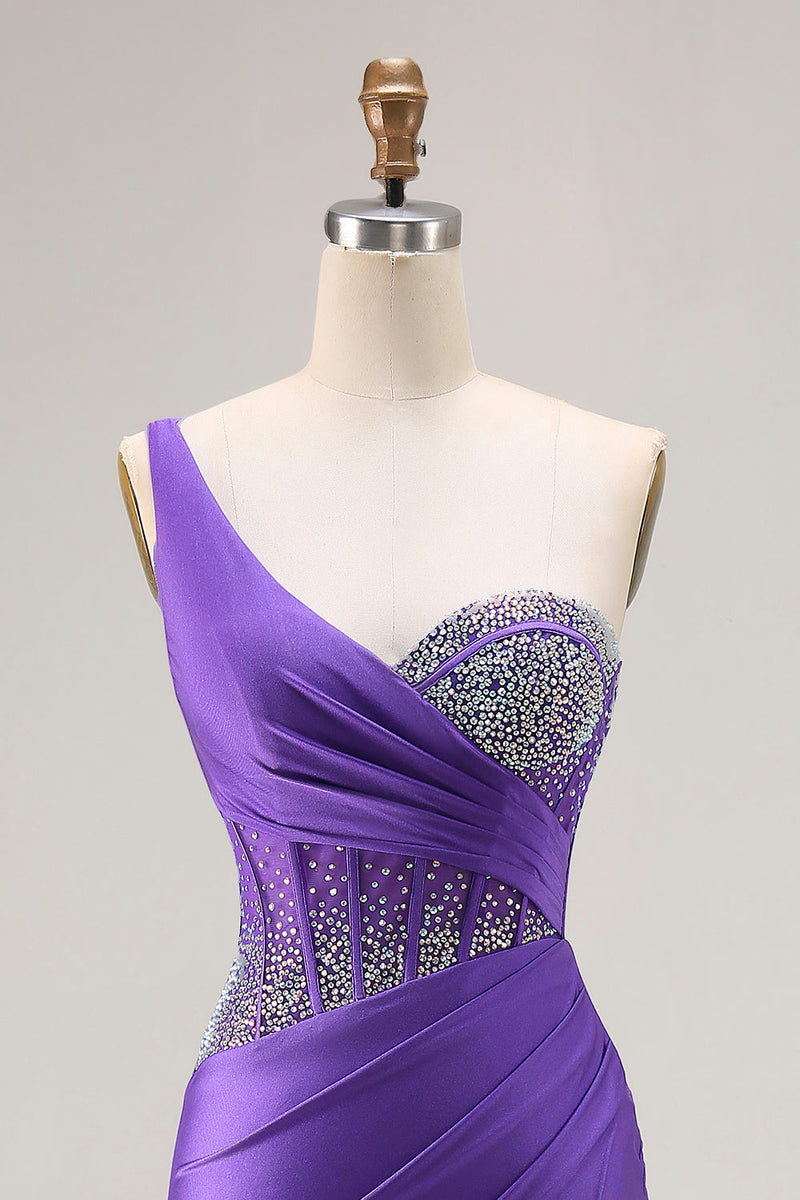 Load image into Gallery viewer, Sparkly Dark Purple One Shoulder Long Corset Prom Dress with Beading