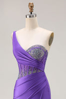 Load image into Gallery viewer, Sparkly Dark Purple One Shoulder Long Corset Prom Dress with Beading