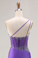 Load image into Gallery viewer, Sparkly Dark Purple One Shoulder Long Corset Prom Dress with Beading