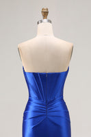Load image into Gallery viewer, Sparkly Royal Blue Mermaid Satin Corset Long Prom Dress with Slit