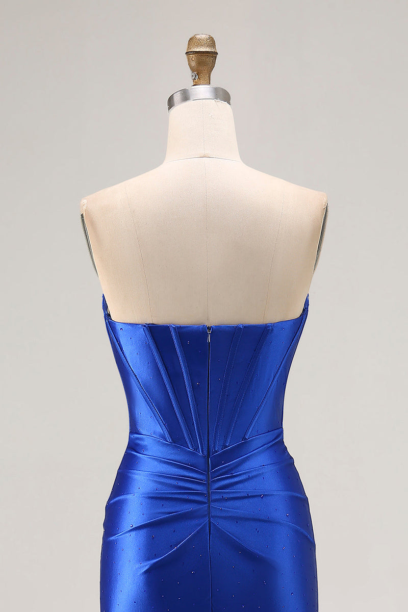 Load image into Gallery viewer, Sparkly Royal Blue Mermaid Satin Corset Long Prom Dress with Slit