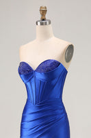 Load image into Gallery viewer, Sparkly Royal Blue Mermaid Satin Corset Long Prom Dress with Slit
