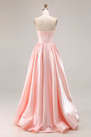 Load image into Gallery viewer, Sparkly Pink A Line Sweetheart Satin Long Prom Dress with Slit