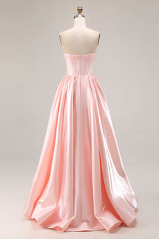 Sparkly Pink A Line Sweetheart Satin Long Prom Dress with Slit