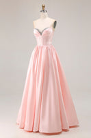 Load image into Gallery viewer, Sparkly Pink A Line Sweetheart Satin Long Prom Dress with Slit