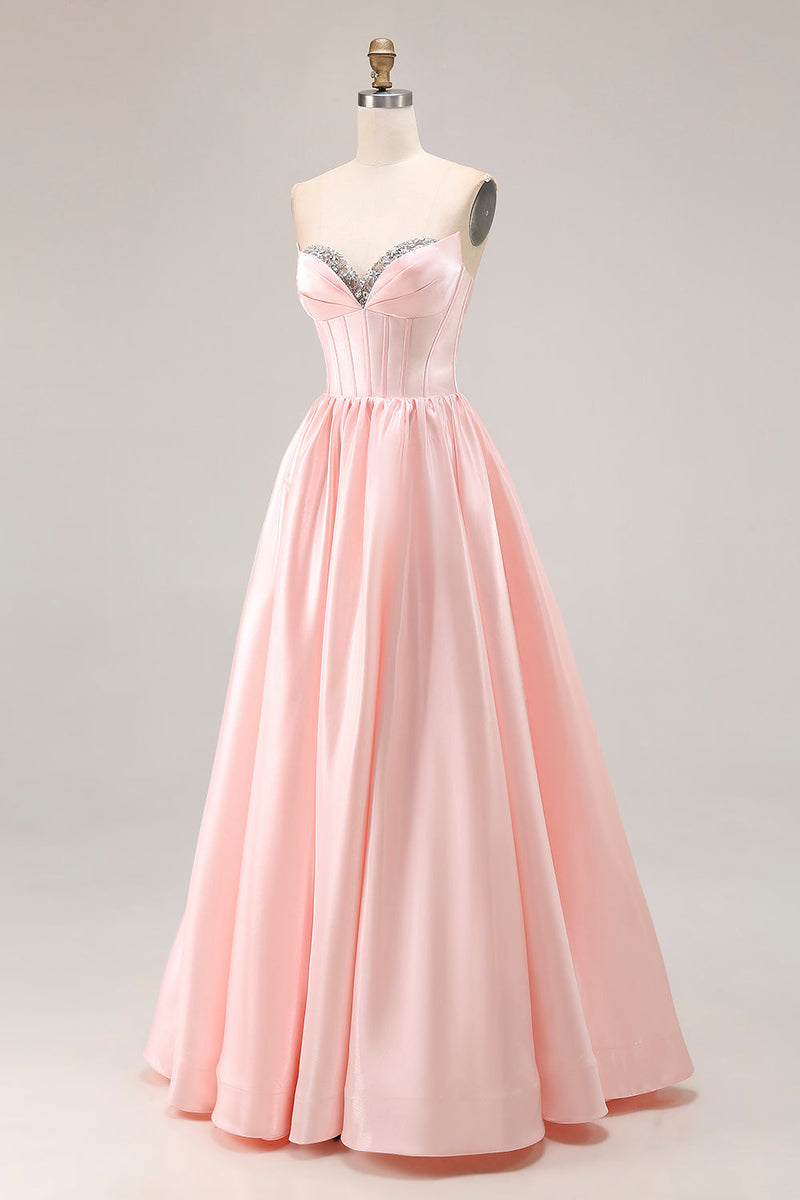 Load image into Gallery viewer, Sparkly Pink A Line Sweetheart Satin Long Prom Dress with Slit