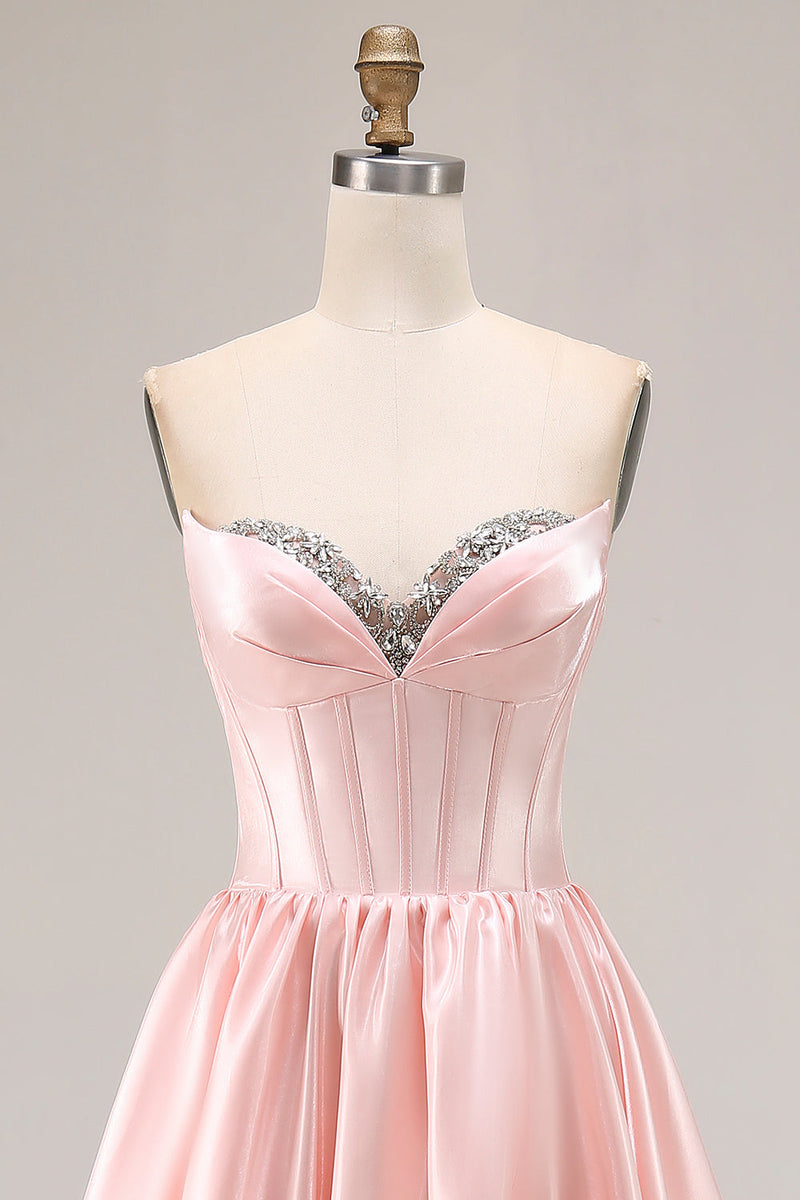 Load image into Gallery viewer, Sparkly Pink A Line Sweetheart Satin Long Prom Dress with Slit