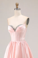 Load image into Gallery viewer, Sparkly Pink A Line Sweetheart Satin Long Prom Dress with Slit