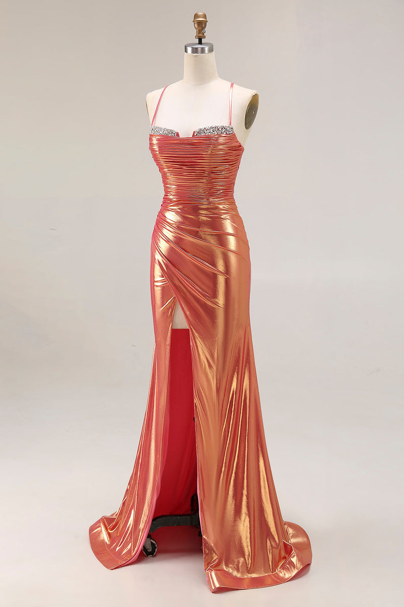 Load image into Gallery viewer, Sparkly Orange Mermaid Metallic Ruched Long Prom Dress with Slit