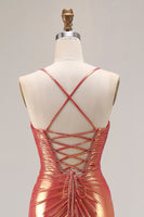 Load image into Gallery viewer, Sparkly Orange Mermaid Metallic Ruched Long Prom Dress with Slit