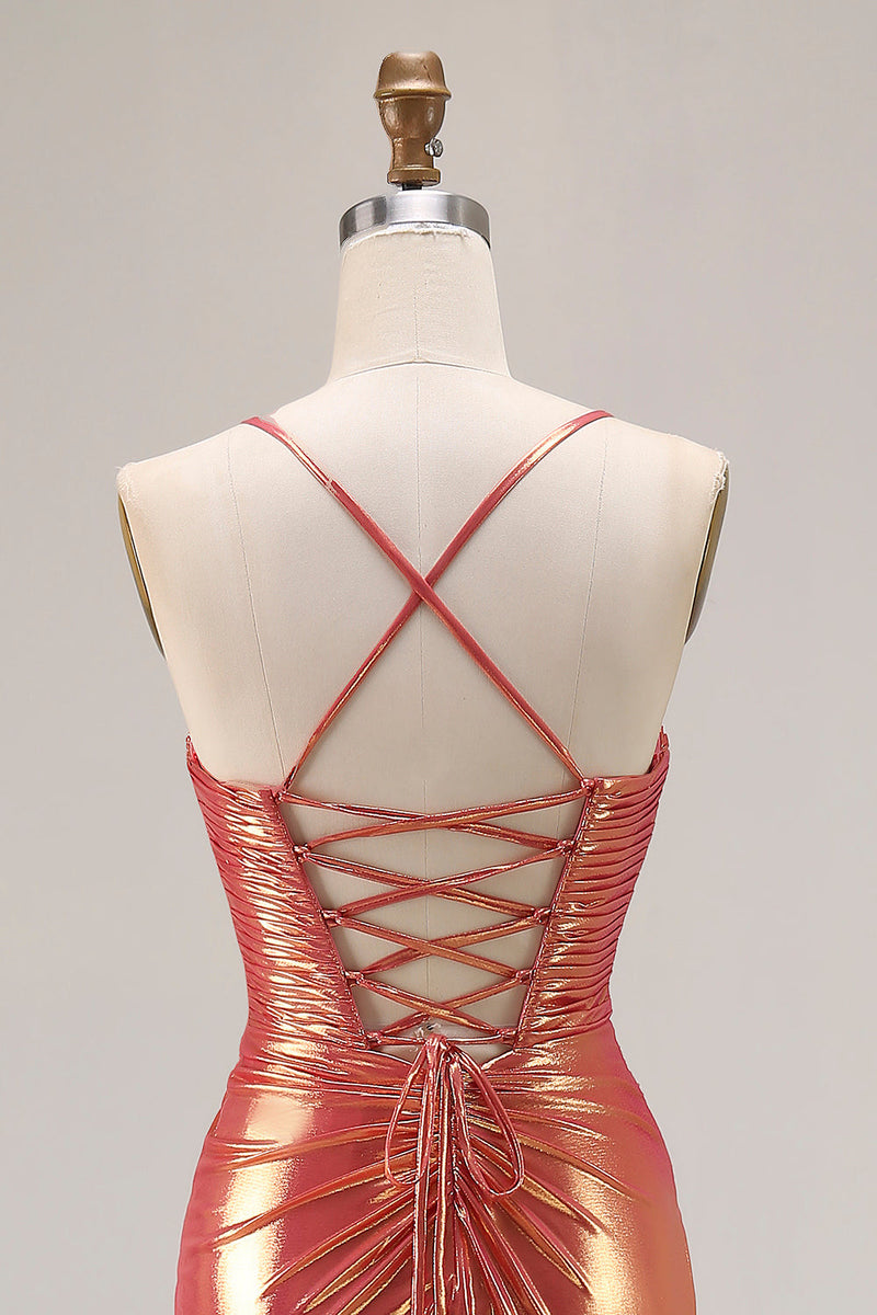 Load image into Gallery viewer, Sparkly Orange Mermaid Metallic Ruched Long Prom Dress with Slit