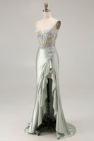 Load image into Gallery viewer, Sparkly Dusty Sage Floral Sweetheart Long Corset Prom Dress