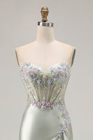 Load image into Gallery viewer, Sparkly Dusty Sage Floral Sweetheart Long Corset Prom Dress