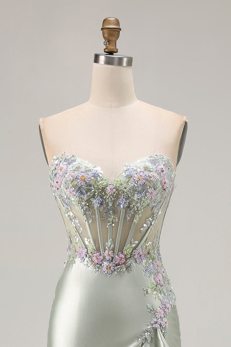 Load image into Gallery viewer, Sparkly Dusty Sage Floral Sweetheart Long Corset Prom Dress