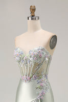 Load image into Gallery viewer, Sparkly Dusty Sage Floral Sweetheart Long Corset Prom Dress