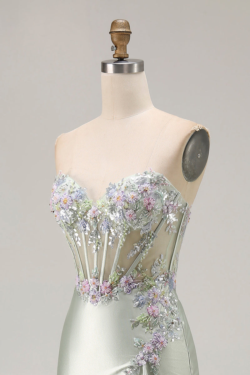 Load image into Gallery viewer, Sparkly Dusty Sage Floral Sweetheart Long Corset Prom Dress